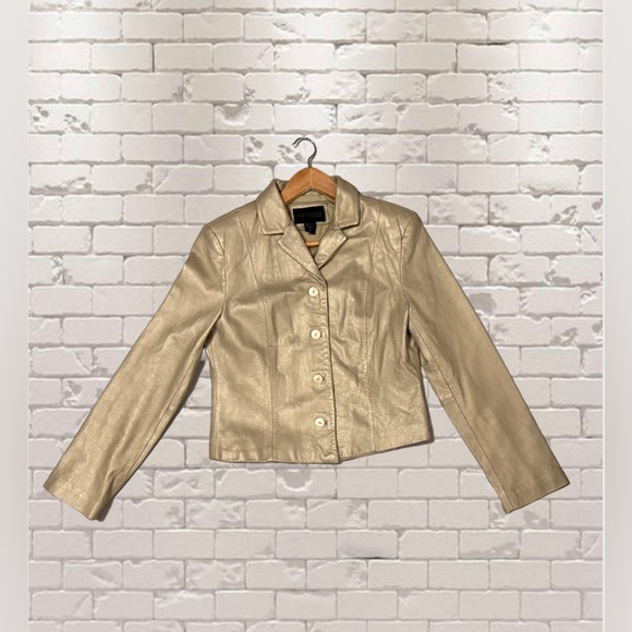 Express Gold Leather Jacket Blazer World Brand Women’s Size 7/8 Button Down - Picture 2 of 6